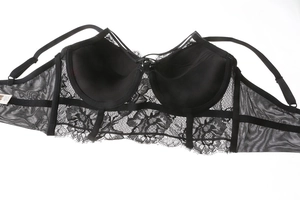 Dettaglio del reggiseno in pizzo nero con coppe morbide e spalline regolabili sottili