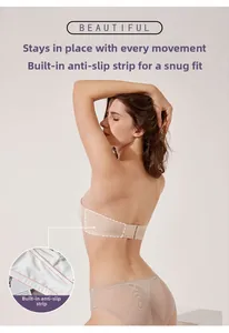 Detail of skin-colored strapless bra with internal anti-slip strips and matching panties