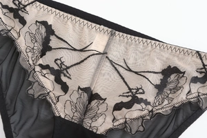 Détails de la broderie florale et de la maille transparente sur une culotte en dentelle