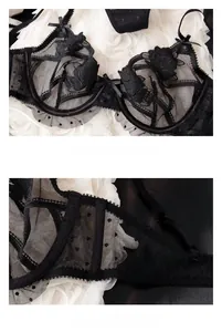 Detail of black mesh bra showing exquisite rose embroidery and delicate lace texture