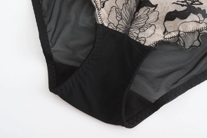 Détail de broderie florale noire et de maille transparente sur une culotte de lingerie