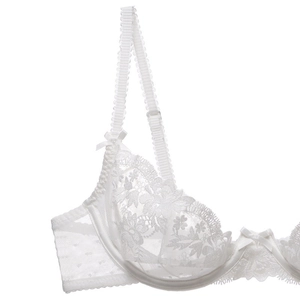 Dettaglio di un reggiseno in pizzo bianco con ricami floreali e fiocchi sulle spalline