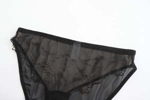 Détail de culotte en dentelle noire transparente avec broderie florale et taille élastique