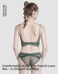 Detail of deep green French lace lingerie set featuring U-shaped backless bra design