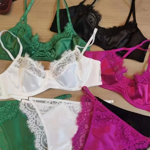 Lace bra and panty set in green black white and rose colors with eyelash lace trim