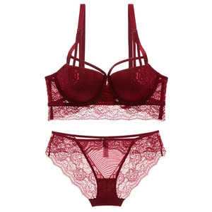 Lace lingerie set with push up underwire bra and matching panties in deep burgundy color