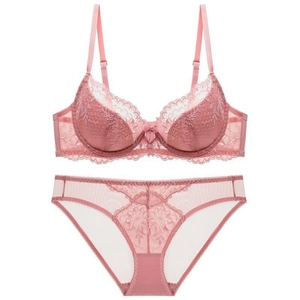 Elegante oudroze kanten lingerieset met bloemenborduursel en mesh slip voor dames