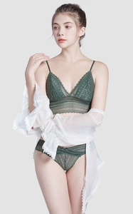 Detailed texture of dark green eyelash lace bra and sheer chiffon sleeve on woman
