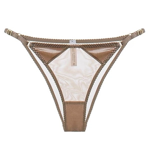 Brown velvet and mesh low-rise thong with adjustable gold buckles and cotton crotch