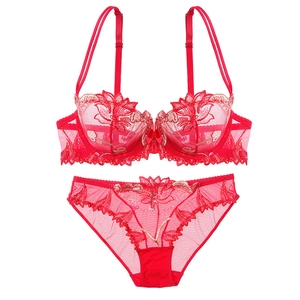 Sexy red lace lingerie set featuring sheer mesh embroidery with matching bra and panty