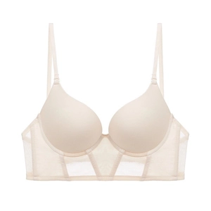 Sujetador Push Up Sin Costuras Sexy Estilo Francés para Mujer Forma de U Satén Liso Corsé con Soporte de Malla Transparente