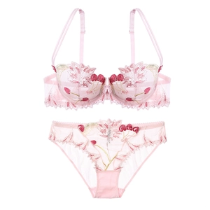 French style thin pink mesh embroidery lace lingerie set with floral berry patterns