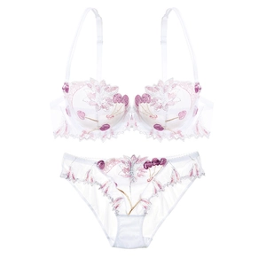 French style sheer mesh lingerie set with purple floral embroidery and lace details