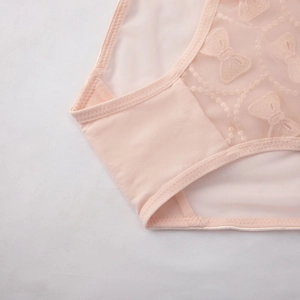 Close-up of pink sheer lace panties featuring breathable mesh and bow embroidery details