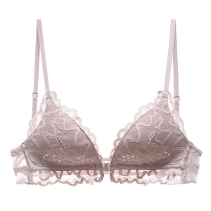 Reggiseno a triangolo in pizzo rosa con fibbia anteriore e ricami delicati