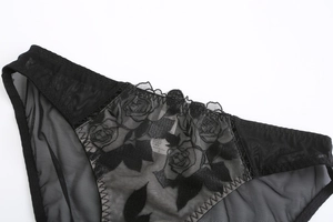 Detalle de encaje floral negro y malla transparente en estas bragas para mujer