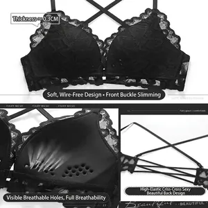 Bralette de encaje francés negro con cierre frontal y tirantes cruzados en U