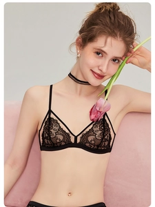 Detail of elegant black eyelash lace bralette featuring delicate triangle cups and sheer texture