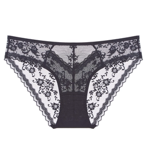 French style sexy black floral lace panties with breathable sheer mesh and low waist design