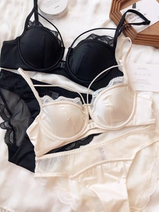 French style front-closure lace bra set with satin texture in black and beige colors