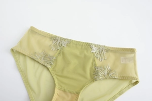 Détail de culotte en mesh vert citron avec broderie florale argentée et entrejambe coton