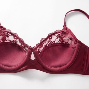 Sexy wine red French lace bra with underwire support and floral embroidery details