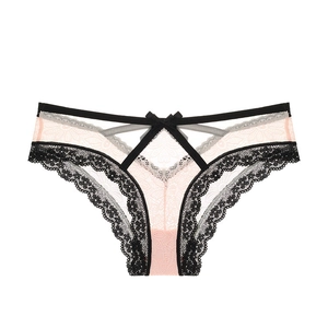 Pink lace panties with V-shape waistband and black bow detail for women