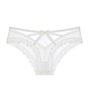 Detailed view of white sheer lace panties with bow detail and crossover side straps