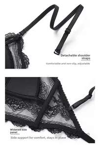 Dettaglio del reggiseno in pizzo nero con spalline rimovibili e fasce laterali larghe