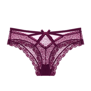 Elegant deep purple floral lace panties with decorative bow and sheer hollow design