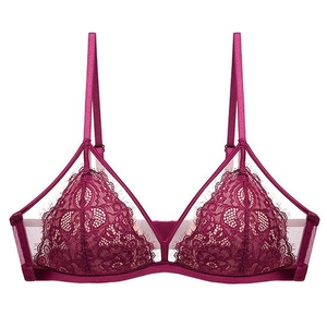 French burgundy eyelash lace bralette with triangle cups and thin double straps