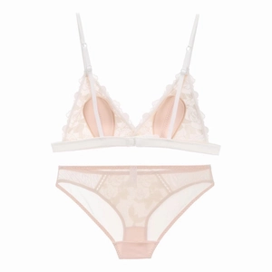 Detalle del encaje de rosas bordado en el bralette sin aros y el conjunto de lencería