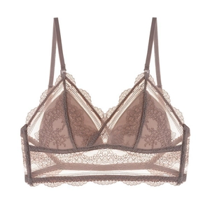 French lace triangle bralette in mauve, wire-free design with adjustable thin straps