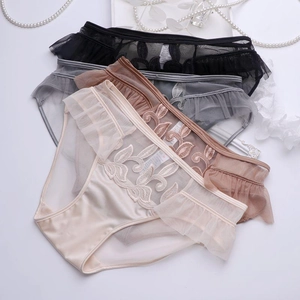 Gros plan de trois culottes en dentelle noire, grise et beige avec broderies florales