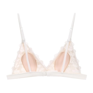 Detalle de bralette de encaje blanco con bordado de rosas y tirantes finos ajustables