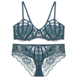 Lencería de Encaje Sexy de Estilo Francés Para Mujer Sujetador con Aros Floral Ultrafino Y Bragas Con Decoración de Lazos