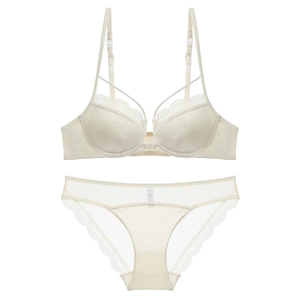 French style cream lace lingerie set with front closure and criss-cross back design