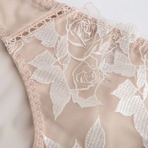 Bragas de encaje color nude con bordado de rosas blancas y malla detallada