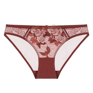 Ropa interior de encaje rojo oscuro para mujer con bordado de rosas y acabado de malla