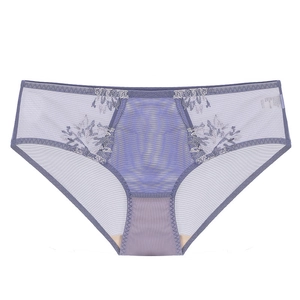 Détails de broderie en dentelle violet clair et mesh respirant sur une culotte femme