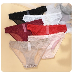 Detalle de pack de seis bragas de encaje con bordes de pestañas y malla bordada suave