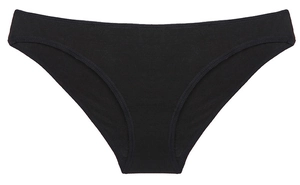 Flat lay of black low-rise cotton bikini underwear with hollow out cross strappy design