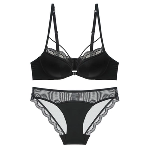 French lace lingerie set with front closure, cross back straps, and eyelash lace in black