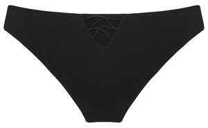 Detail of sexy black cotton panty with V-shape cutout and criss-cross strap design