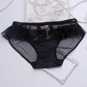 Vue détaillée de la broderie en dentelle noire et du tissu mesh des slips en satin