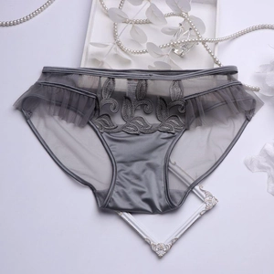 Détail de culotte en satin gris avec broderie de feuilles et volants en dentelle fine
