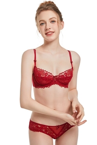 Close-up of red lace lingerie set with scalloped edges and delicate bow details