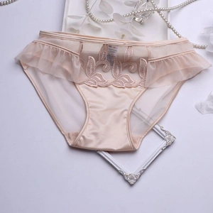 Gros plan d'une culotte en dentelle beige avec broderie florale et maille respirante
