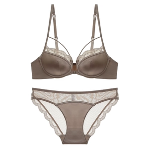 Taupe silk lingerie set with lace trim bra and matching mesh panties flat lay view