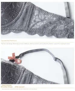 Details der grauen Spitzen-BH-Flügel mit atmungsaktivem Mesh und rosa Satinschleife